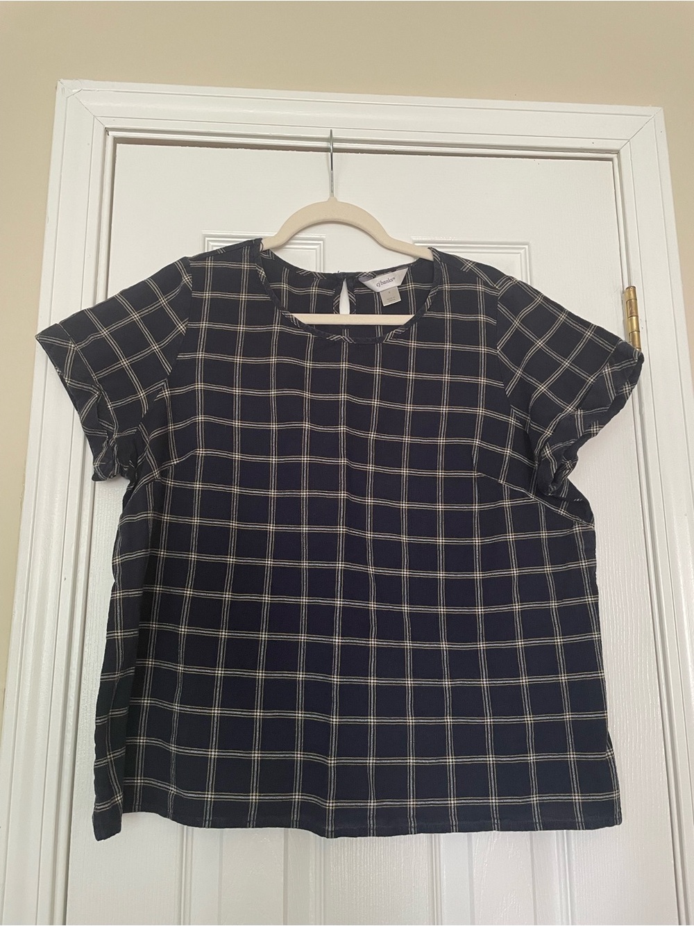 CJ Banks Cotton Navy Plaid Short Sleeve Top